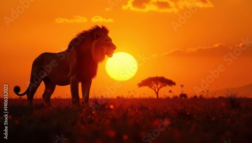 Silhouette of a majestic lion against the golden savannah sunset, lion, golden hour