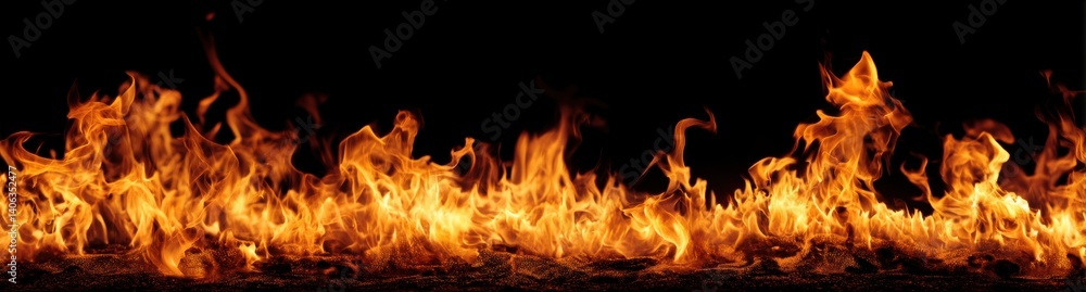 A fiery inferno of blazing flames dances in the darkness. The intensity of the heat and the glow of the flames create a mesmerizing and powerful image.
