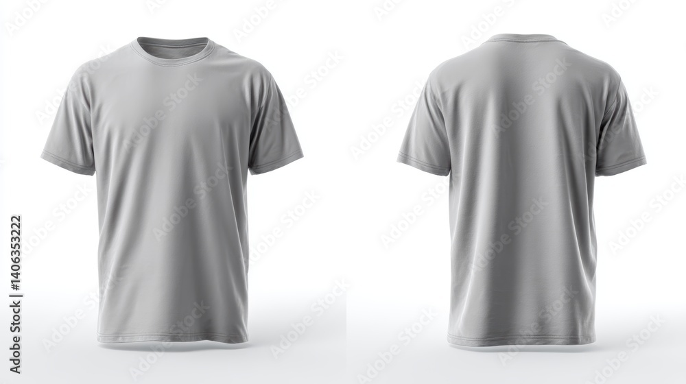 Gray t-shirt mockup, front and back view, plain tee, simple shirt, apparel, clothing, fashion, template, design, style, grey shirt, casual wear, unisex shirt, product presentation, garment, cotton.