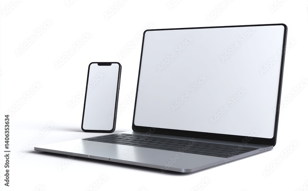 A modern laptop and smartphone with blank screens, ready for your design. The clean and simple aesthetic creates a sense of technology and productivity A modern laptop and smartphone with blank screens, ready for your design. The clean and simple aesthetic creates a sense of technology and productivity