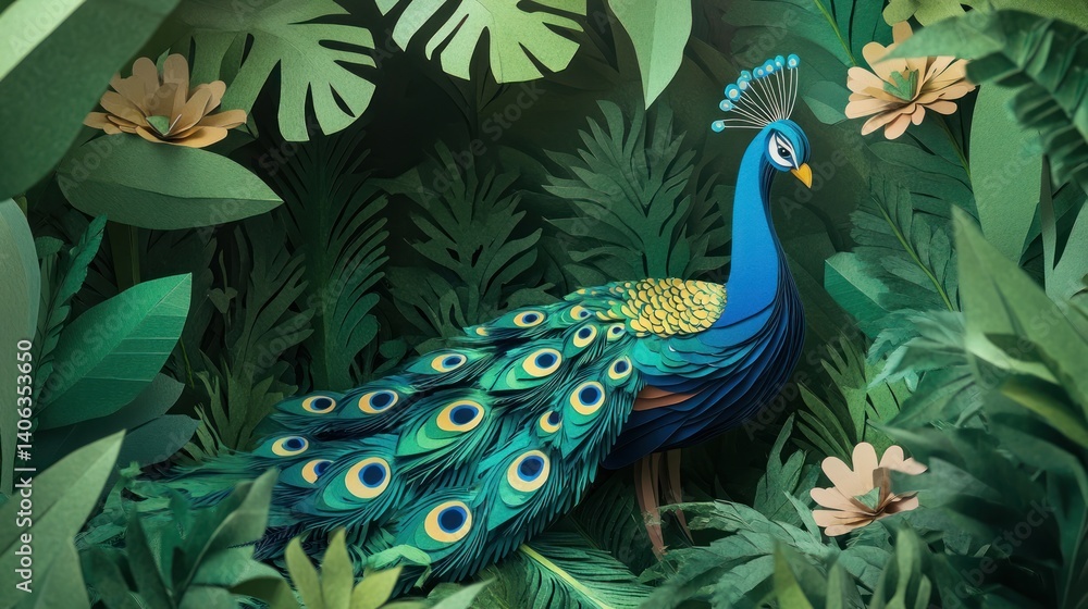 Fototapeta premium A vibrant peacock amidst lush greenery and flowers, showcasing nature's beauty.