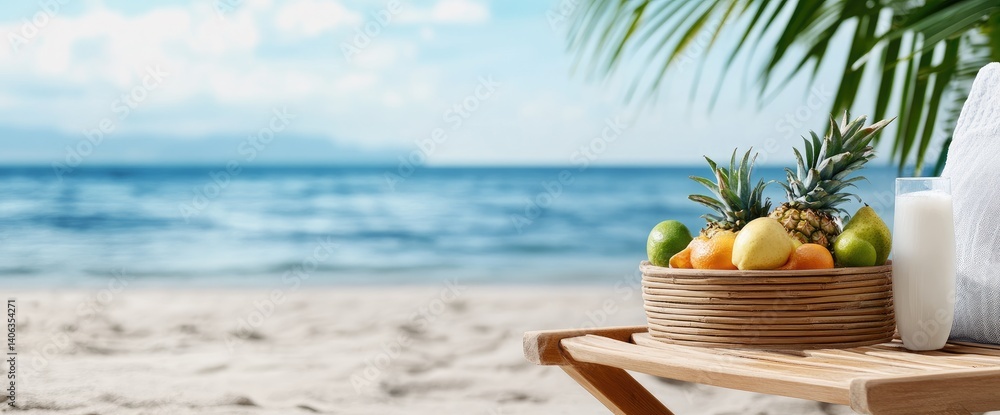 Obraz premium Tropical fruits beach vacation setting for lifestyle travel and healthy eating