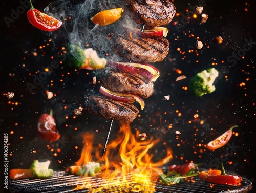 Photorealistic grilled exotic kebab with colorful vegetables and meat sizzling over open flames, smoke rising in dramatic contrast against black background, perfect for food advertising use
