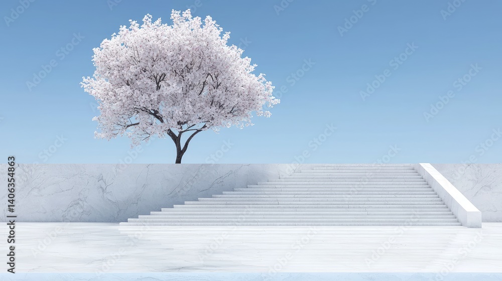 Fototapeta premium Serene winter landscape solitary tree white blossoms minimalist nature scene