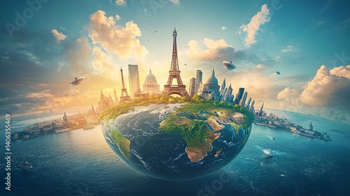Inspiring Travel Concept Featuring Vibrant Surreal Globe Orbited by World Landmarks