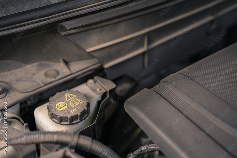 Close-Up of Car Brake Fluid Reservoir Under Hood DOT 4 Cap. Automotive brake fluid tank. Close-up of the brake fluid reservoir.