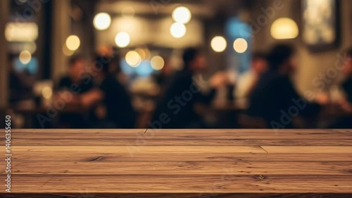 A high-angle, full shot of a wooden tabletop, sharply in focus, against a softly blurred background of a busy, dimly lit restaurant at night.