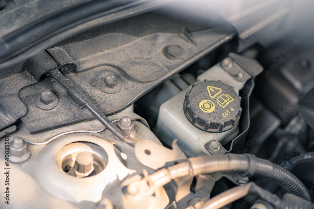 Close-Up of Car Brake Fluid Reservoir Under Hood DOT 4 Cap. Automotive brake fluid tank. Close-up of the brake fluid reservoir.