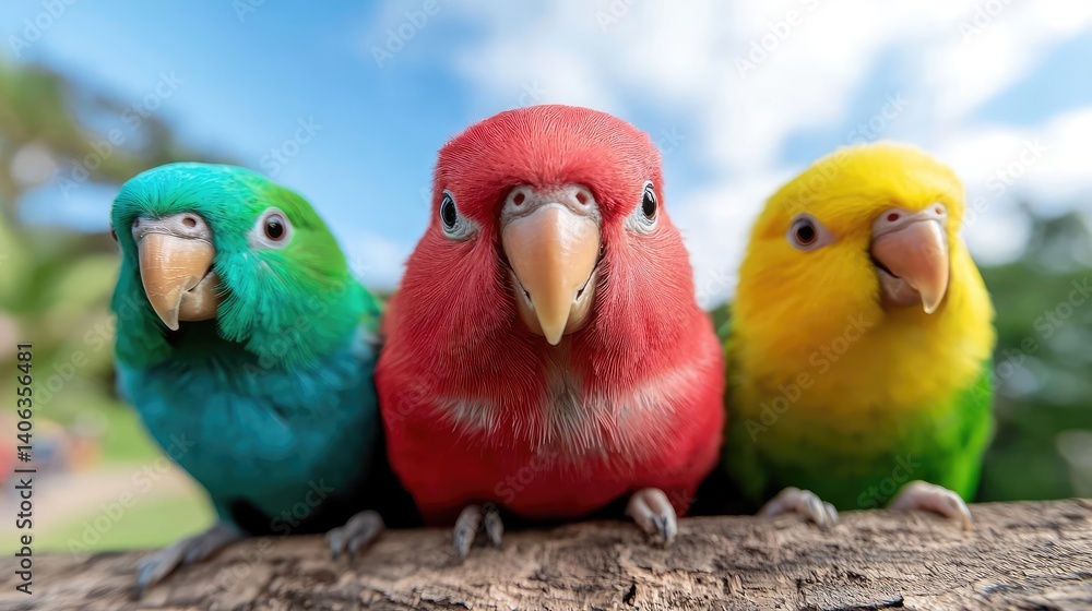 Fototapeta premium Three colorful parrots close up view cheerful and playful birds
