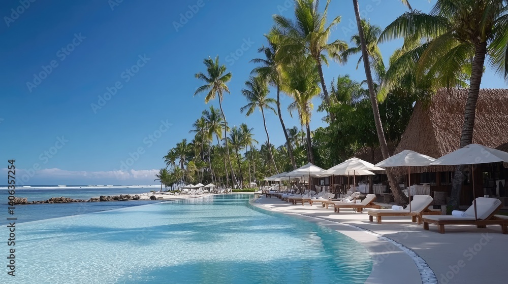 Tropical island resort infinity pool ocean view vacation beach holiday palm trees summer travel destination