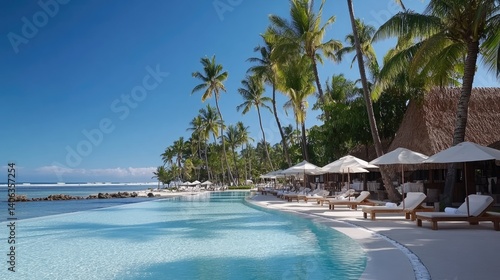 Obraz na płótnie Tropical island resort infinity pool ocean view vacation beach holiday palm trees summer travel destination w salonie
