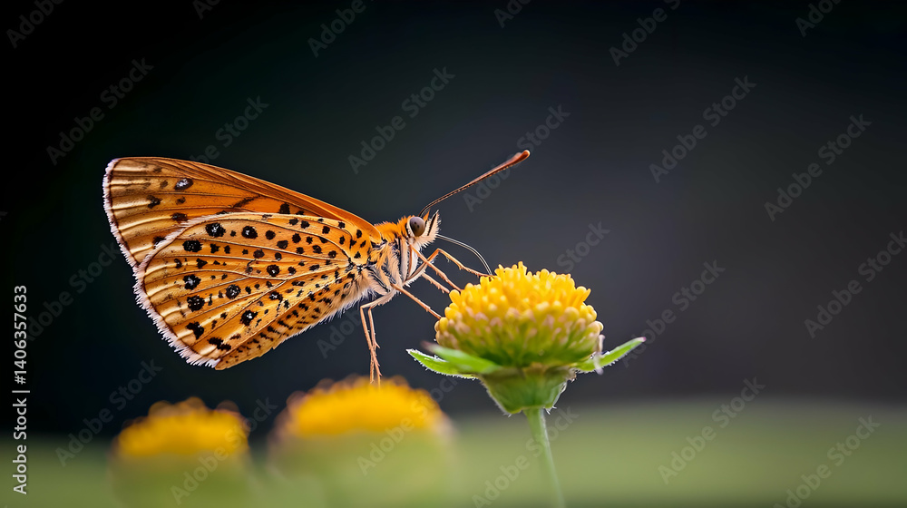 Obraz premium Close-Up of an Orange and Brown Spotted Butterfly Feeding on a Bright Yellow Flower in Soft Focus
