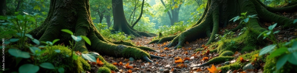 Overgrown forest floor with tangled tree roots and moss-covered stones, green, forest Overgrown forest floor with tangled tree roots and moss-covered stones, green, forest