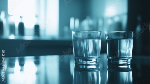 Two glasses filled with water on a reflective surface, set in a softly lit environment.