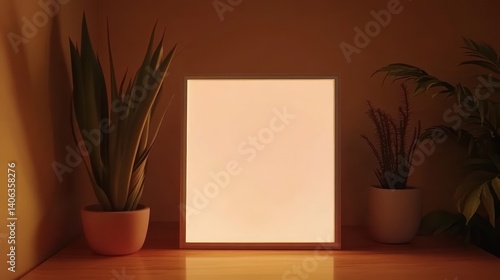 A softly illuminated square frame on a wooden surface, flanked by potted plants.