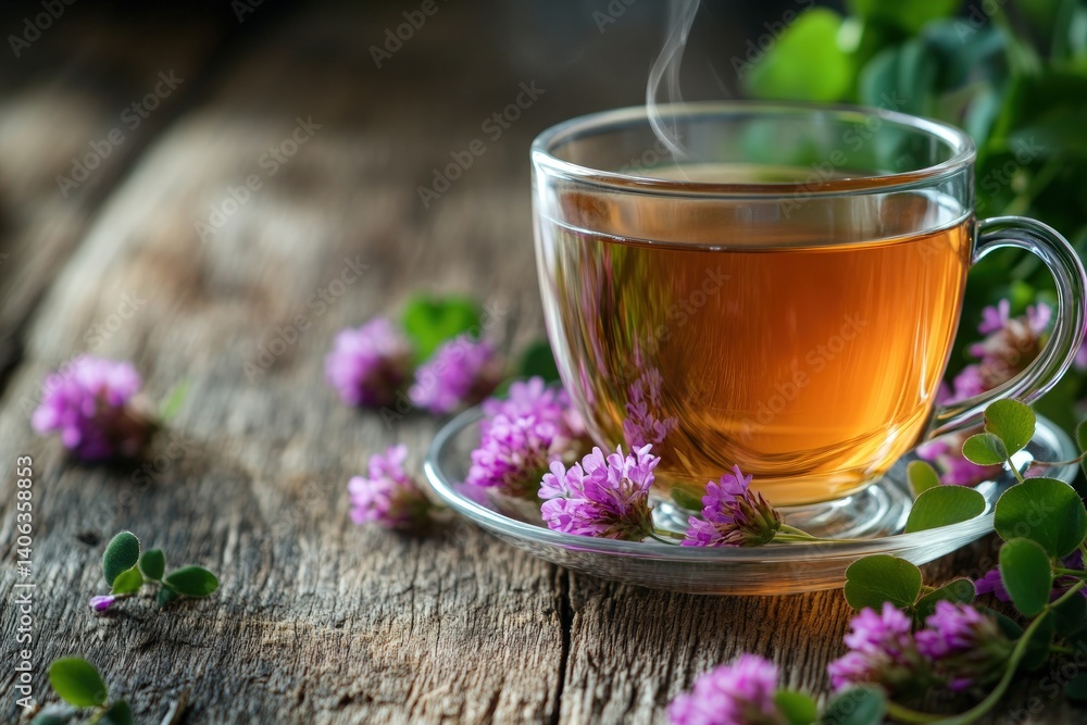 Herbal tea in a clear cup, surrounded by purple flowers Herbal tea in a clear cup, surrounded by purple flowers