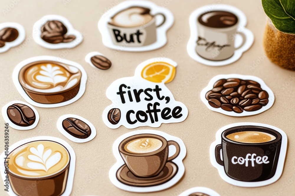 Obraz premium Sticker set featuring coffee cups, beans, and motivational quotes on a soft brown background for coffee lovers and enthusiasts