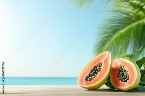 Tropical papaya fruit halves beach background exotic food still life photography