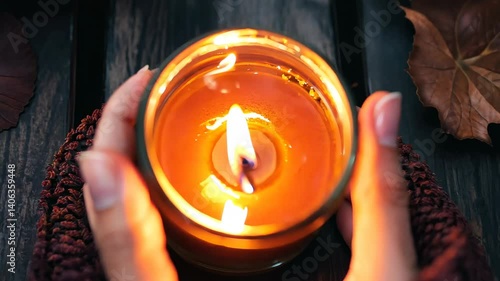 A serene autumn setting featuring a glowing candle held in cozy hands, surrounded by pumpkins and fallen leaves on a rustic wooden table. Perfect for seasonal themes.