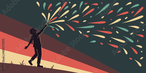 Lot of colors explode in an empty space with a dark red and grey background vector illustration.
