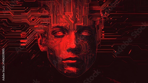 A human face blending with circuit patterns, symbolizing the convergence of humanit
