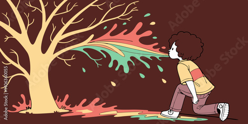 Lot of colors explode in an empty space with a dark red background vector illustration.
