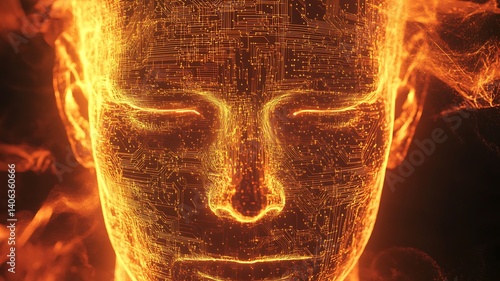 A human face blending with circuit patterns, symbolizing the convergence of humanit