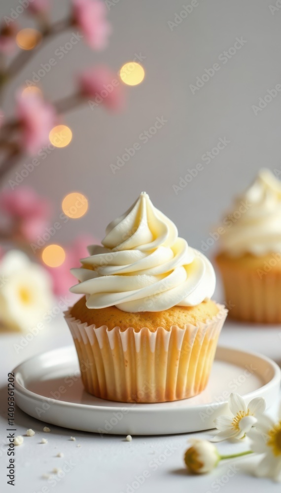 Sweet vanilla cupcake on white table with decorative lights and flowers, dessert, cake, table Sweet vanilla cupcake on white table with decorative lights and flowers, dessert, cake, table