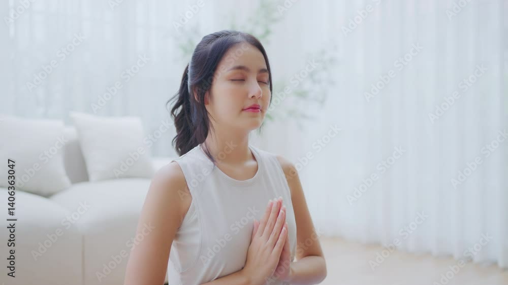 Happy young Asian woman practicing yoga and meditation at home sitting on floor in living room in lotus position and relaxing with closed eyes. Mindful meditation and wellbeing concept Happy young Asian woman practicing yoga and meditation at home sitting on floor in living room in lotus position and relaxing with closed eyes. Mindful meditation and wellbeing concept
