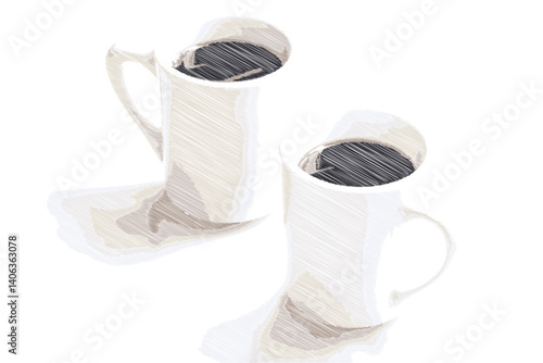 淹れたてのコーヒーが入ったふたつのマグカップで、ふたりがコーヒーを飲みながら、打ち合わせをしているイメージ
