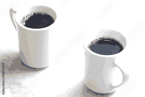 淹れたてのコーヒーが入ったふたつのマグカップで、ふたりがコーヒーを飲みながら、打ち合わせをしているイメージ
