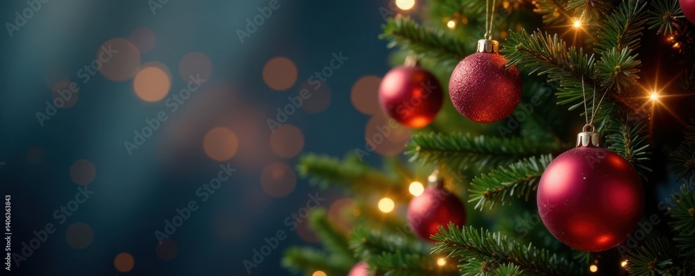 Fototapeta premium Christmas Tree With Sparkling Lights And Baubles, decorated tree, joyful ambiance