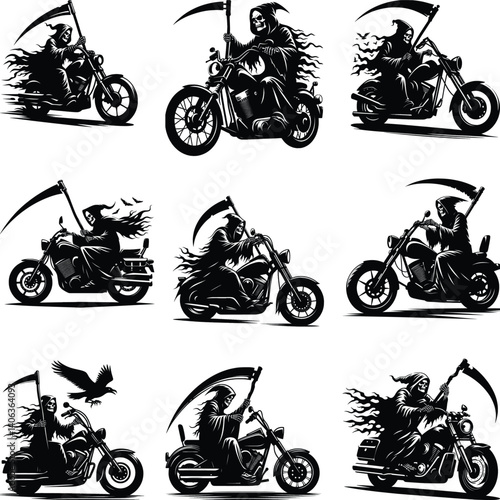 Grim Reaper Riding Motorcycle Bundle Silhouette Svg, Skeleton on Motorcycle Png