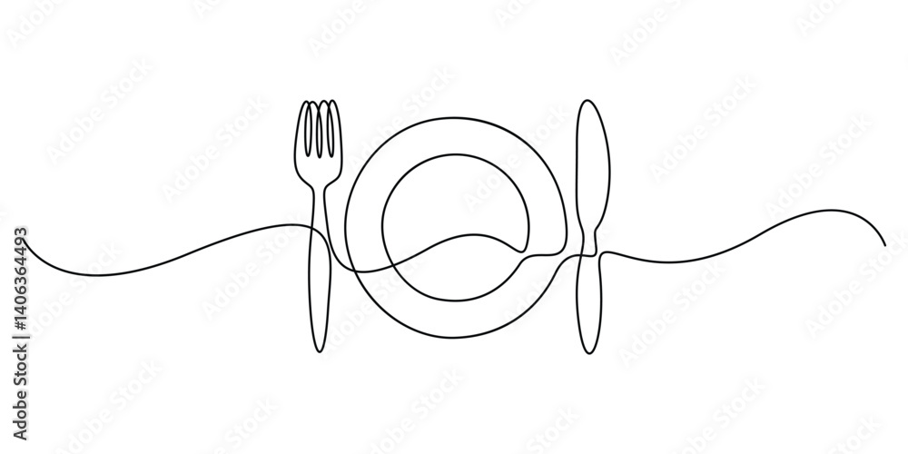 Obraz premium Single continuous line drawing of plate, knife, spoon and fork vector illustration