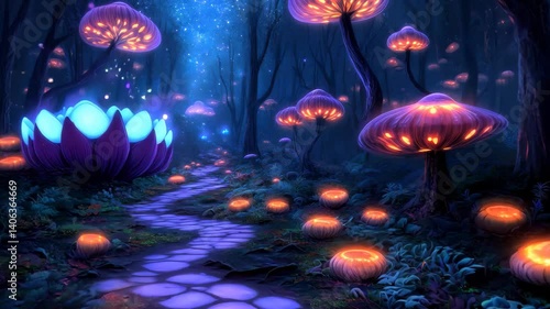 Explore a mystical forest path illuminated by glowing mushrooms and vibrant colors, creating a surreal and enchanting atmosphere perfect for fantasy themes.