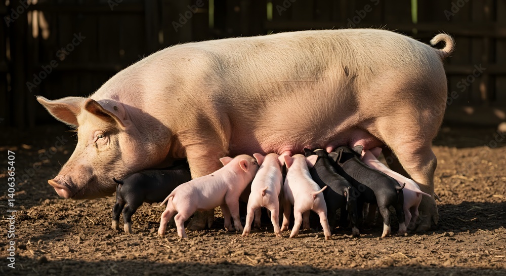 A large sow tenderly nurses her litter of piglets in a rustic barn environment. A large sow tenderly nurses her litter of piglets in a rustic barn environment.