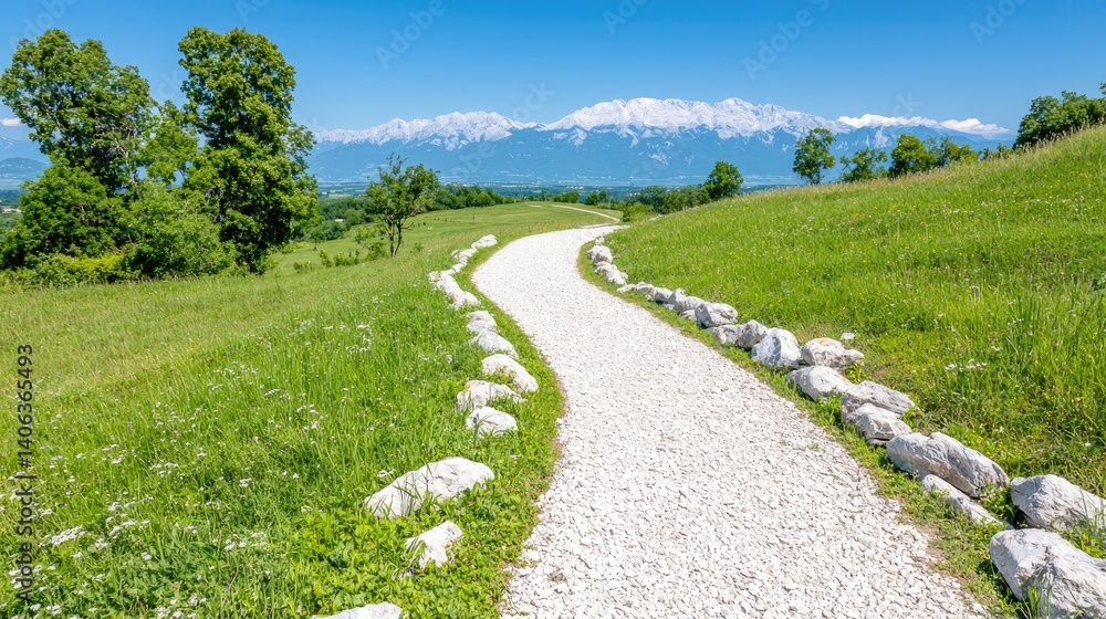 Winding path through lush green landscape serene nature scene for travel and wellness Winding path through lush green landscape serene nature scene for travel and wellness