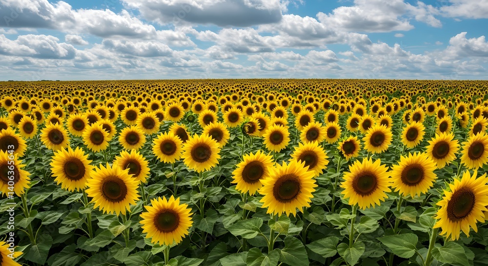Fototapeta premium A beautiful landscape showcases a vibrant field of sunflowers under a bright, sunny sky.