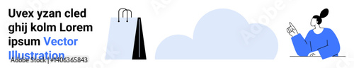 Person gesturing towards text, shopping bags, and styled cloud graphics in clean composition. Ideal for e-commerce, communication, online services, sales, technology, minimalism simple landing page