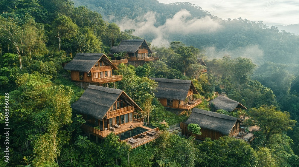 Wooden rainforest lodges nestled in a lush mountainside. Wooden rainforest lodges nestled in a lush mountainside.