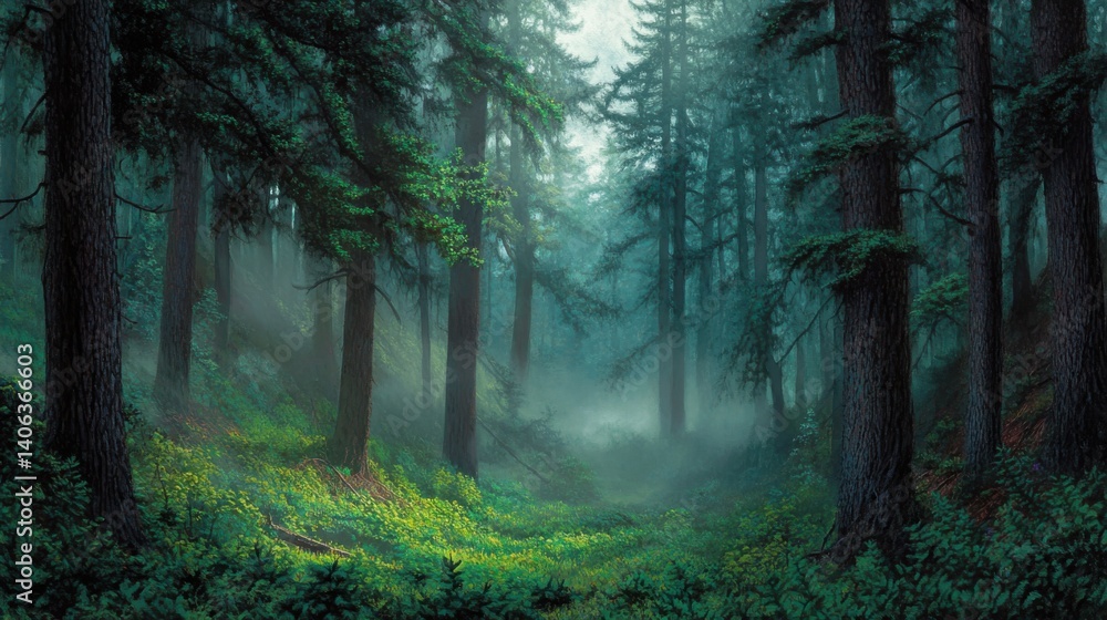 Fototapeta premium Enchanted Forest: A Mystical Morning in the Woods