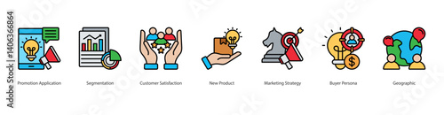 Market Segmentation icon sheet vector promotion application, segmentation, customer satisfaction, new product, marketing strategy, buyer persona, geographic