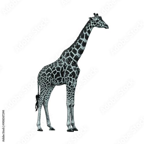 A tall and majestic giraffe standing tall against a white background.