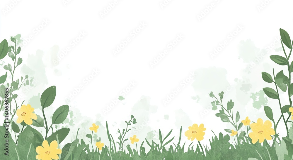 Fototapeta premium Hand-drawn background featuring yellow flowers and green grass, used for children’s room wallpaper, children’s educational institutions, and social media promotion.