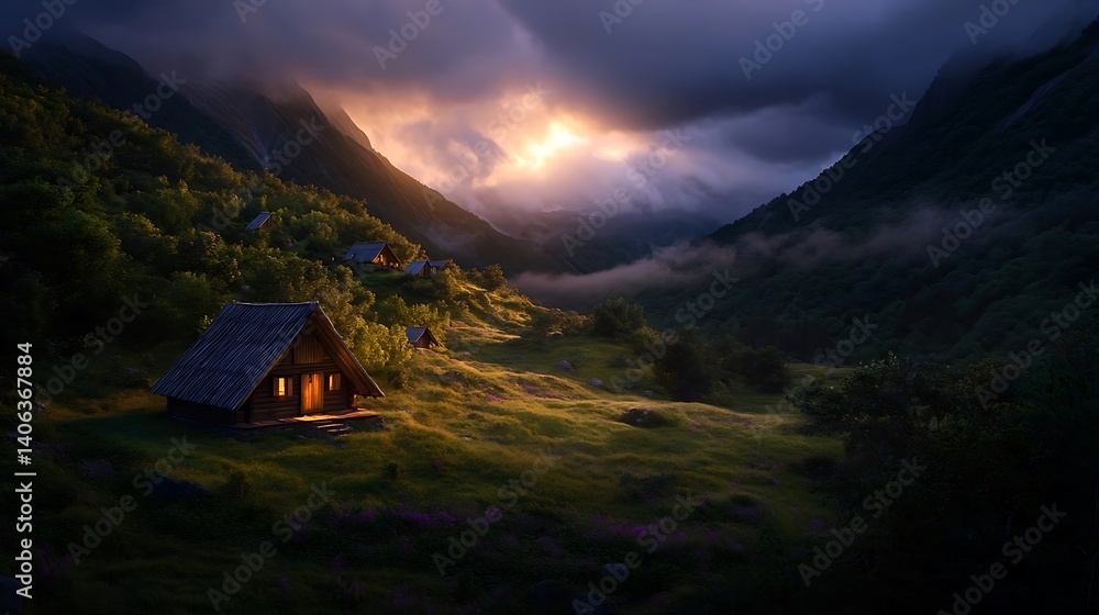 Sunset Serenity Mountain Cabins Glow at Dusk. Sunset Serenity Mountain Cabins Glow at Dusk.
