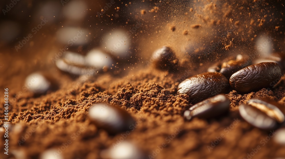 A macro image of coffee beans and ground coffee, used for various coffee-related scene designs. A macro image of coffee beans and ground coffee, used for various coffee-related scene designs.