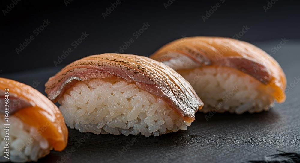Three pieces of Fish Nigiri Sushi on a Dark Plate Three pieces of Fish Nigiri Sushi on a Dark Plate