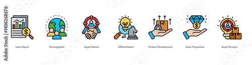Target Market Selection icon sheet vector sales report, demographic, target market, differentiation, product development, value proposition, buyer
