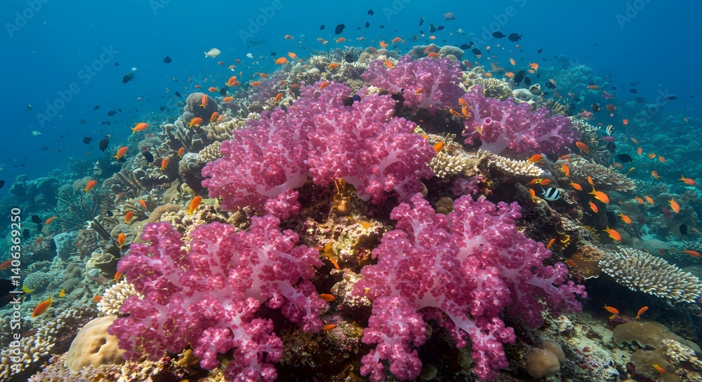 Fototapeta premium Beautiful underwater scene showing a thriving coral reef ecosystem teeming with marine life.