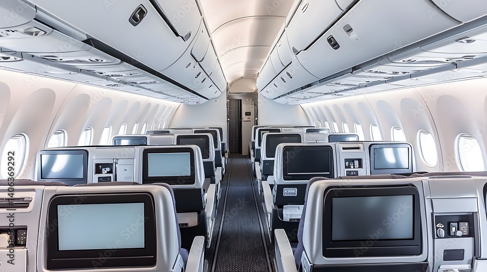 A luxurious business class cabin on a modern commercial airplane featuring neatly arranged seats touch screen entertainment A luxurious business class cabin on a modern commercial airplane featuring neatly arranged seats touch screen entertainment
